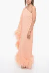 Taller Marmo Crepe Ubud One-shoulder Dress With Ostrich Feathers In Pink