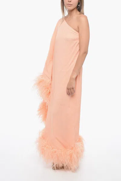 Taller Marmo Crepe Ubud One-shoulder Dress With Ostrich Feathers In Pink
