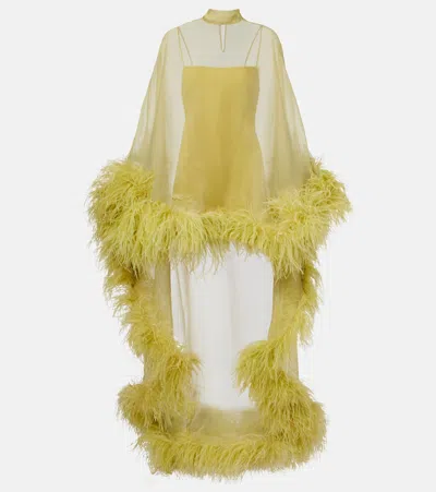 Taller Marmo Daisy Feather-trimmed Organza Kaftan In Yellow