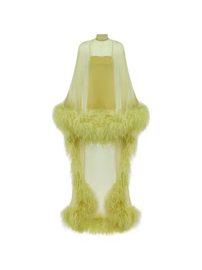Taller Marmo Daisy Kaftan Feathered Dress In Yellow