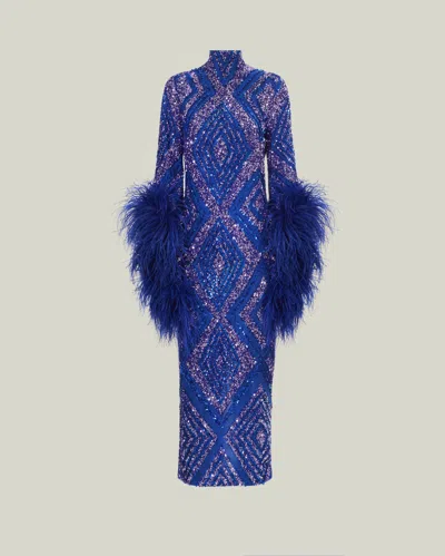 Taller Marmo Del Rio Disco Sequin-embellished Feather-trim Maxi Dress In Blue