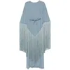 Taller Marmo Long Kaftan With Cape Design And Fringe In Blue