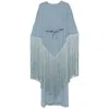 Taller Marmo Long Kaftan With Cape Design And Fringe In Blue