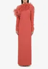 Taller Marmo Peony Coloured Long Dress With Feathers In Pink