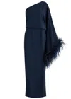 Taller Marmo Feather-trim One-shoulder Gown In Navy