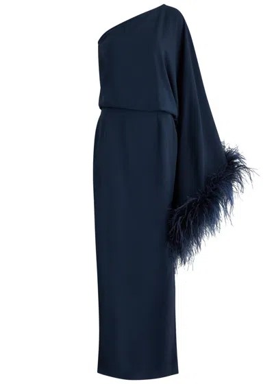 Taller Marmo Feather-trim One-shoulder Gown In Navy