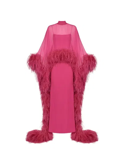 Taller Marmo Feather-trim Cape Dress In Pink