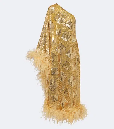 Taller Marmo Feather-trimmed Sequined Gown In Yellow