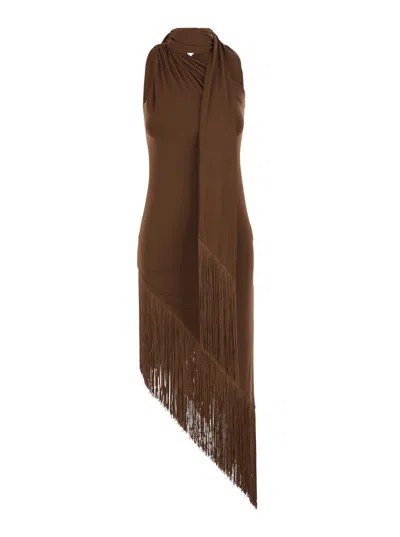 Taller Marmo Frayed-edge Wrap Collar Dress In Brown