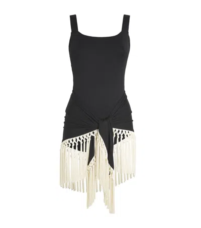 Taller Marmo Fringed Lido Swimsuit And Sarong Set In Black