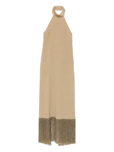 TALLER MARMO FRINGED-TRIM HALTERNECK MAXI DRESS