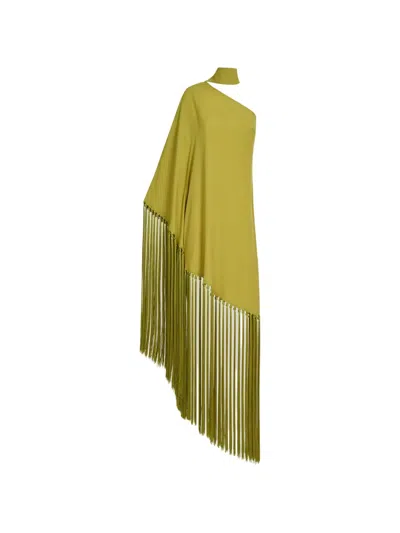 Taller Marmo Gunilla One-shoulder Scarf-detailed Fringed Crepe Mini Dress In Green