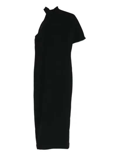 Taller Marmo High-neck Asymmetrical-sleeve Midi Dress In Black