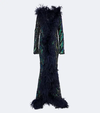 Taller Marmo Hollywood Disco Feather-trimmed Gown In Blue