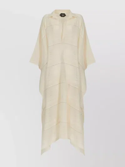 Taller Marmo Long Kaftan In Cotton With Horizontal Stripes In Beige