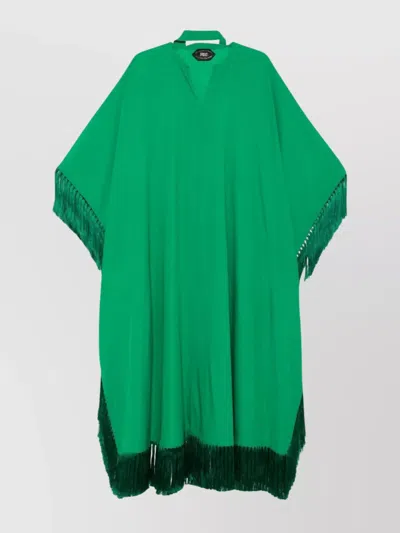 Taller Marmo Long Kaftan With Fringed Edge And Attached Scarf In Green