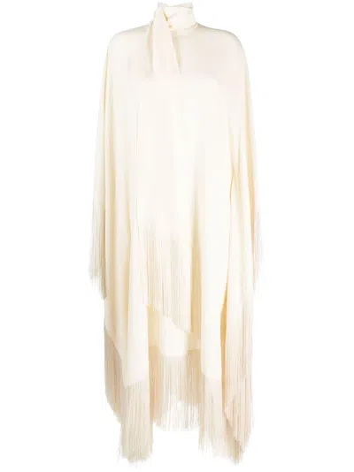 Taller Marmo Long-sleeve Fringed Midi Dress In Blanco