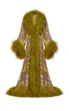 Taller Marmo Melendo Feather-trimmed Jacquard Robe In Green