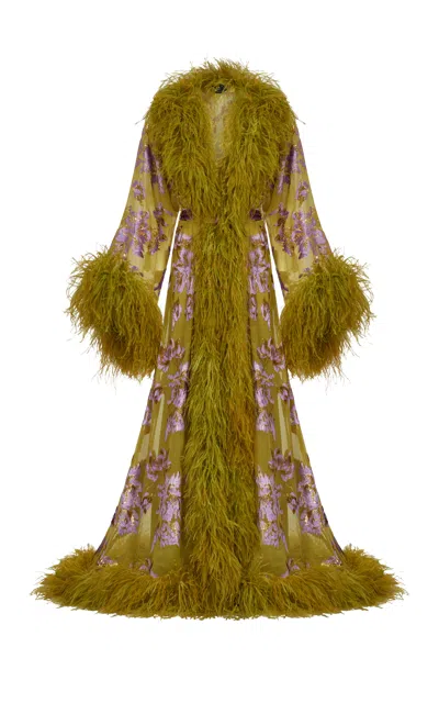Taller Marmo Melendo Feather-trimmed Jacquard Robe In Green