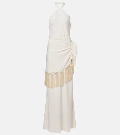 TALLER MARMO METEORA FRINGED HALTERNECK CRÊPE CADY GOWN