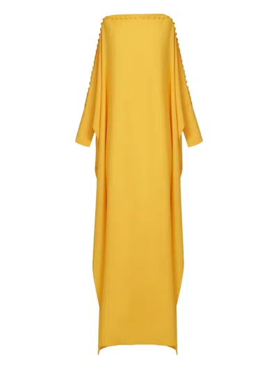 Taller Marmo Mila Off-shoulder Pom-pom Maxi Dress In Yellow