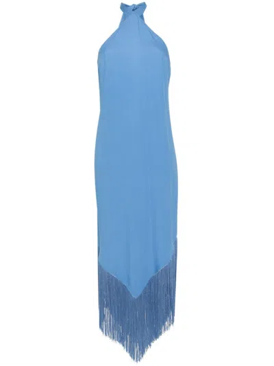 Taller Marmo Halterneck Fringed Maxi Dress In Blue
