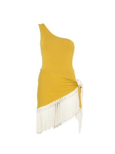 Taller Marmo One-shoulder Fringed Swimsuit And Pareo Set In Yellow