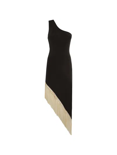 Taller Marmo One-shoulder Sleeveless Asymmetric Hem Fringe Trim Dress, Model Wears Size S In Nero