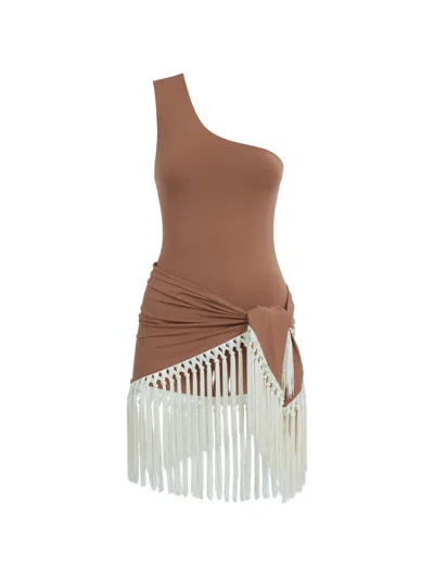 Taller Marmo One-shoulder Two-piece Swimsuit Set With Fringe-trimmed Beach Cover-up In Brown