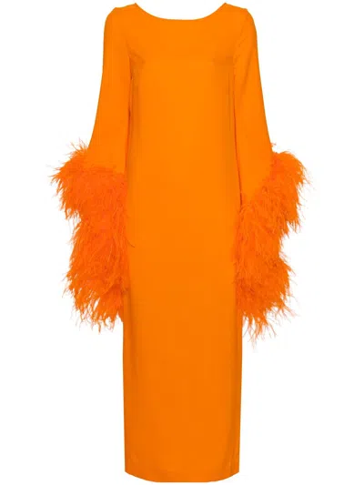 Taller Marmo Orange Feather-trim Midi Dress