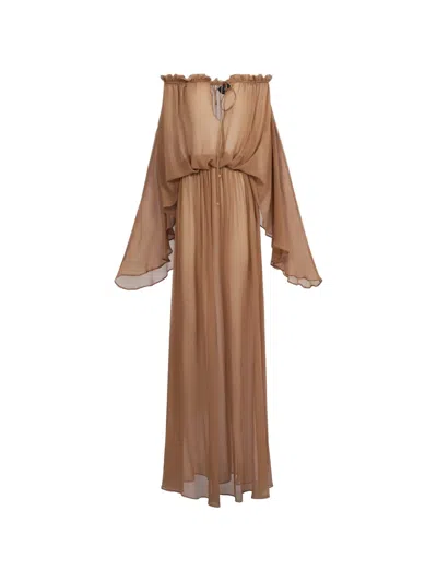 Taller Marmo Ouarzazate Off-the-shoulder Silk Maxi Dress In Brown
