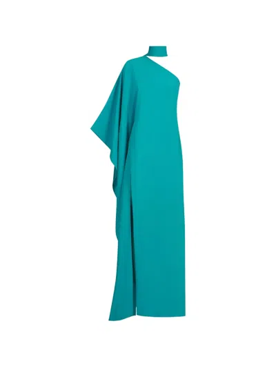 Taller Marmo One-shoulder Scarf Neck Crepe Cady Dress With High Slit In Blue