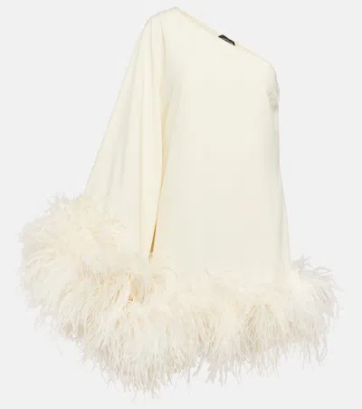 Taller Marmo One-shoulder Mini Dress Feather Trim In White