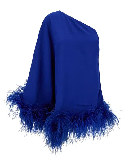TALLER MARMO 'UBUD' MINI BLUE ONE-SHOULDER DRESS WITH FEATHER TRIM IN ACETATE BLEND WOMAN