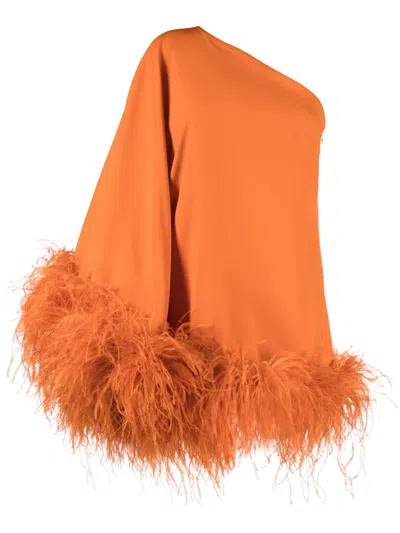Taller Marmo Piccolo Ubud One-shoulder Feather-trimmed Crepe Mini Dress In Orange