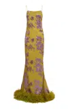 Taller Marmo Polignac Feather-trimmed Floral Maxi Dress In Yellow