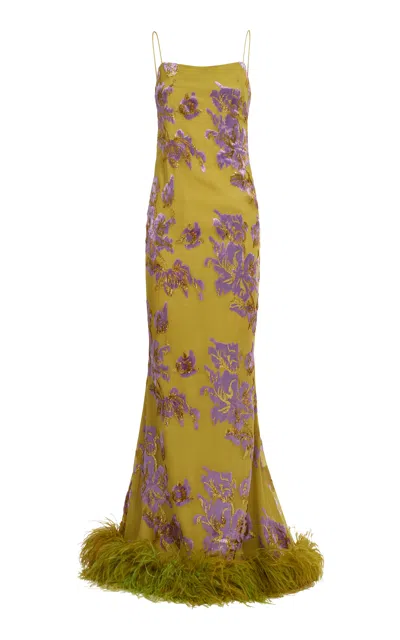 Taller Marmo Polignac Feather-trimmed Floral Maxi Dress In Yellow