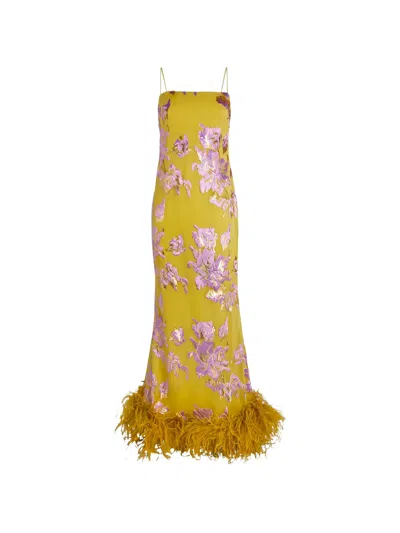 Taller Marmo Polignac Feather-trimmed Maxi Dress In Yellow