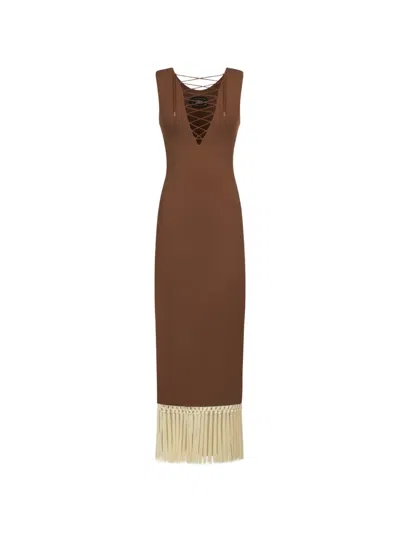 Taller Marmo Sahara Lace-up Fringe Midi Dress In Brown