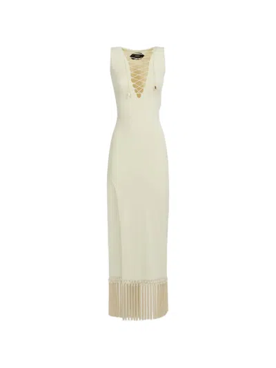 Taller Marmo Sahara Lace-up Fringe Midi Dress In Neutral