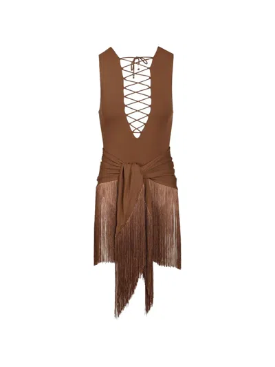 Taller Marmo Sahara Lace-up Fringed Swimsuit In Brown