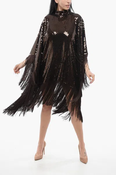Taller Marmo Sequin Tunic Dress With Fringe In Brown