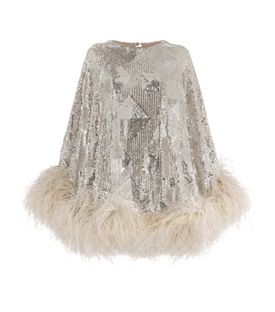 Taller Marmo Sequinned Feather-trim Nassau Mini Dress In Silver