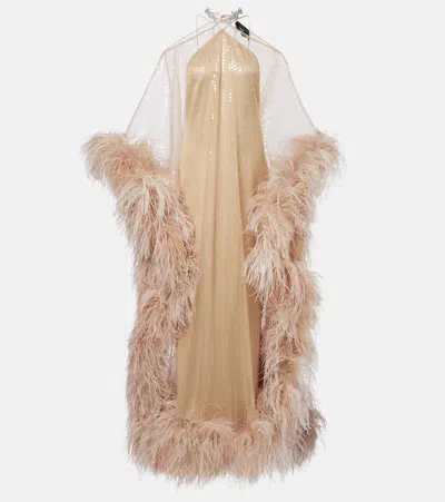 Taller Marmo Sza Sza Disco Embellished Feather-trimmed Tulle Gown In Neutral