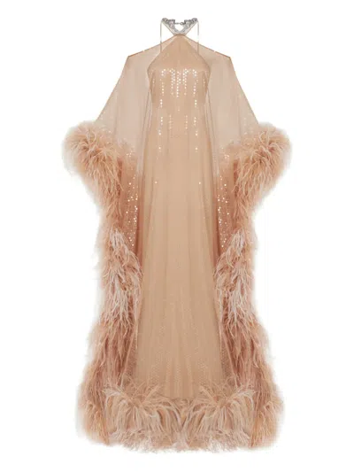 Taller Marmo Sza Sza Sequin Feather Maxi Dress In Neutral