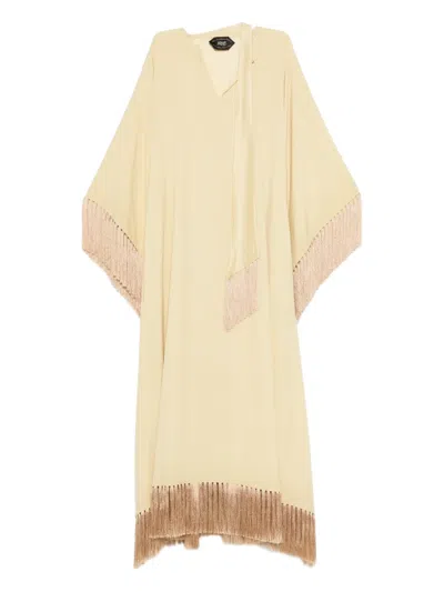 Taller Marmo Tassel-trims Shift Asymmetric Kaftan Dress In Neutral