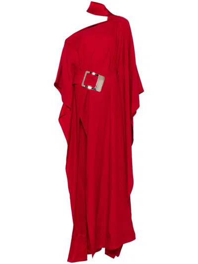 Taller Marmo Draped One Shoulder Long Dress With Sash Detail In Ruby
