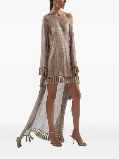 Taller Marmo Sequin Fringed Trebbia Disco Kaftan Mini Dress In Neutral