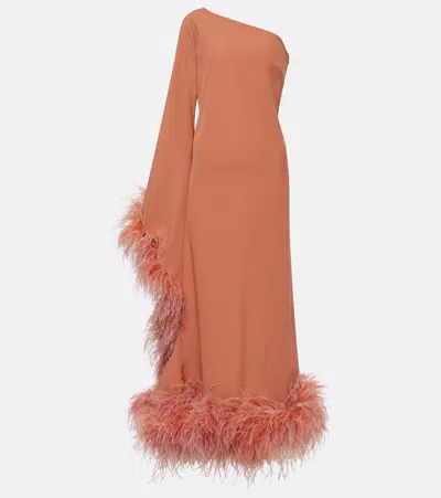 Taller Marmo Ubud Extravaganza Feather-trimmed Gown In Terracotta