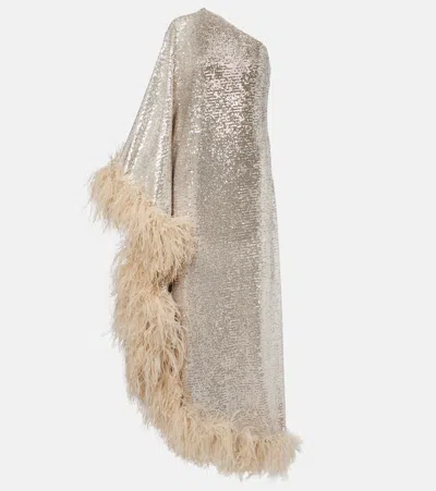 Taller Marmo Ubud Feather-trimmed Sequined Gown In Gray